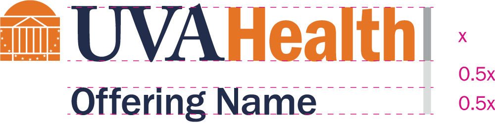UVA Health offering name should be one half the height of the UVA Health logo. The space between the UVA Health Logo and the offering name offering name should be equal to the height of the offering name.
